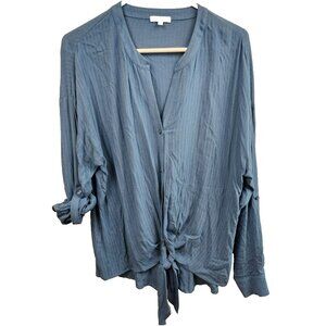 Pleoine Womens Blouse Top Large Blue Tie Hem Tab Sleeve Button Up Minimalist